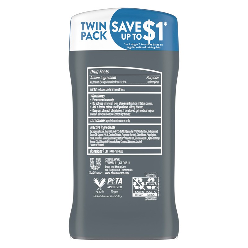 DOVE MEN + CARE Antiperspirant Deodorant Stick Clean Comfort Twin