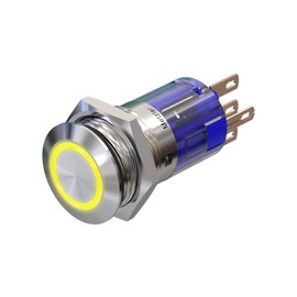 Metzler - Pressure Switch 16mm - LED Ring Lighting Yellow - IP67 IK10 - Stainless Steel - Flat - Solder Contacts