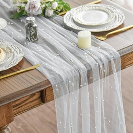 Artoid Mode Pearl Gauze Table Runner 120 Inch 10FT, Seasonal Sheer Chiffon Cheesecloth Dining Holiday Birthday Table Decor for Home Party