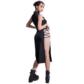 Verdusa Women's Crisscross High Split Gothic Dresses Mock Neck Sleeveless Bodycon Midi Dress Black X-Large