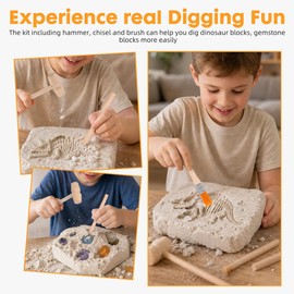 JOINPAYA Dinosaur Digging Tools Kit with Wooden Hammer Chisel Brush for Kids Stem Educational Excavation Toy Gemstone Dig Kit Learning Set