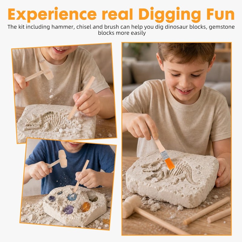 JOINPAYA Dinosaur Digging Tools Kit with Wooden Hammer Chisel Brush