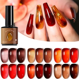 YJLYQF Jelly Amber Gel Polish of 6 Translucent Nude Gel Nail Polish Set, Sheer Tortoise Gel Nail Polish Red Coral Burnt Orange Grey Amber Brown, Soak Off UV LED Manicure Art Kit For DIY Home