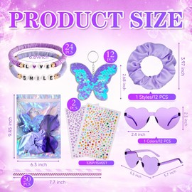 Rykeor Kpop 112 Pcs Disco Party Favors Set, Popular Singer Friendship Gift Kit with Birthday Bracelets, Sunglasses, Hair Scrunchies,Sequin keychains, Stickers, Straw, Gift Bags for 80s Y2K (purple)