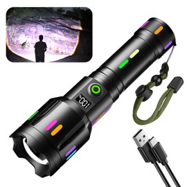 【Led Torch with Fluorescent Strong Lighting】30000 High Lumens Fast Charging Flashlight with Power Display,6 Lighting Modes IP67 Waterproof Torches, Zoomable Long Shot Flash Light for Hiking,Camping