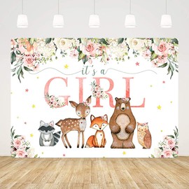ABLIN 7x5ft Woodland Baby Shower Backdrop for Girls Pink Flowers Photography Background Woodland Animals Baby Shower Decorations for Girl Banner Party Supplies Photo Booth Props