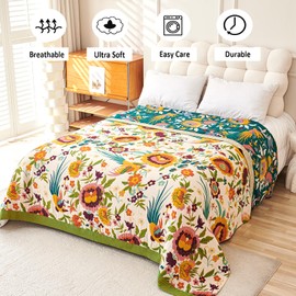 VANJOROY Boho Throw Blanket, 100% Organic Cotton Breathable Ultra Soft 50" x 60" Bed Quilt Throw - All Season Floral Rustic Farmhouse Decor Luxury Reversible Blanket for Sofa Couch Chair and Gift