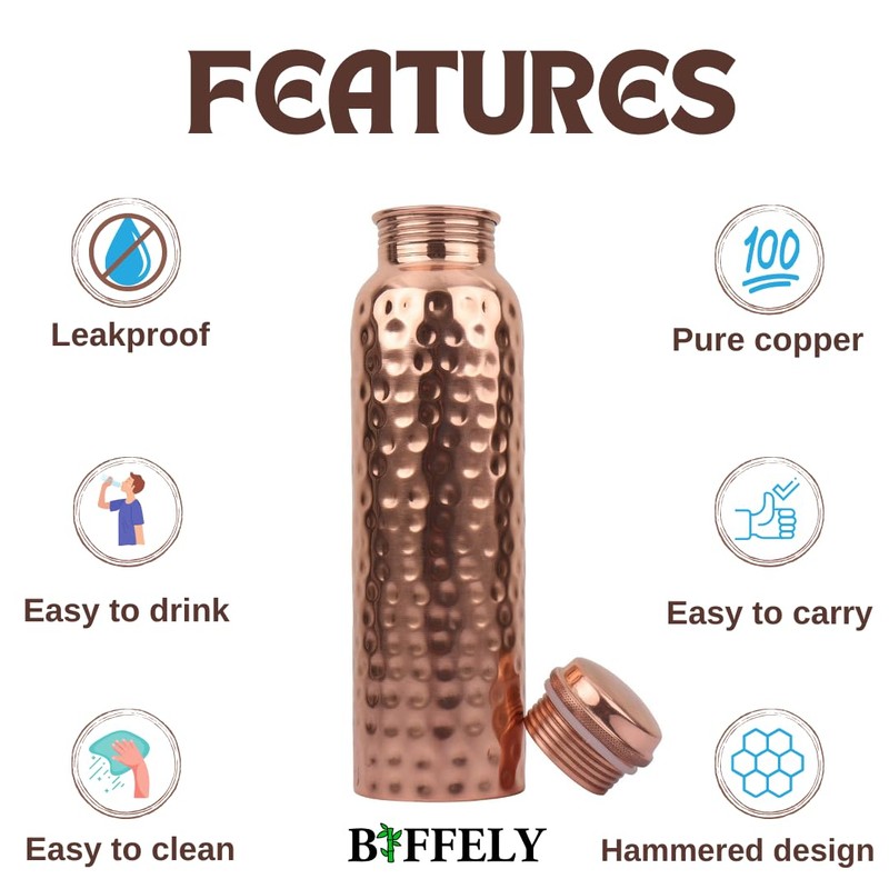 BIFFELY 100% Pure Copper Water Bottle for Drinking – Extra