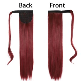 Gangel Red Ponytail Hair Extension Straight Pony Tails Wrap Around Hairpiece Claw Synbthetic Clip in Long Hair Extensions Magic Drawstring Pony Tail Hair Wraps(1 pc) (Wine Red Burg)