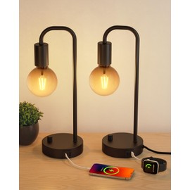 ONEWISH Industrial Table Lamp Set of 2 with USB C&A Charging Port, Stepless Dimmable Nightstand Bedside Lamps for Bedroom,Desk Lamps with 2700K Black Gradient Bulb for Reading Living Room,Office