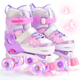 NEMONE 4 Size Adjustable Light up Roller Skates for Girls, Butterfly Roller Skates for Kids Ages 4-6 5-8 6-12 8-12, Todder Beginner Skates Indoor Outdoor Pink Purple L