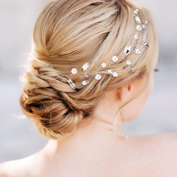 Bridal Hair Vines for Wedding,Pearl Hair Piece,Silver Rhinestone Hairs Accessories