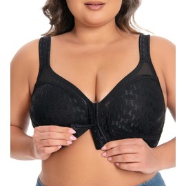 Percy Elle Women's Plus Size Full Coverage Front Closure Posture Back Unpadded Wireless Double Support Minimizer Bra Black 38C