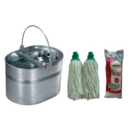 Best House 15 Litres Heavy Duty Industrial Galvanized Steel Metal Mop Bucket + 2 Pcs Cotton 16 Ply Plastic Push Socket Mop Head - 280g, For Home Office & Commercial Use Mop Heads