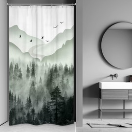 Riyidecor Green Small Stall Shower Curtain for Bathroom Decor 36Wx72H Half Narrow Rv Mens Nature Smoky Tree Misty Woodland Foggy Mountain Art Printed Fabric Polyester Waterproof 7 Pack Plastic Hooks