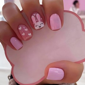 24 Pcs Pink Press on Nails Short Square WLGDLH Easter Fake Nails Nude False Nails Press ons With Cute Heart Bunnies Design Nail Tips Full Cover Glossy Acrylic Nail Kit for Women Manicure