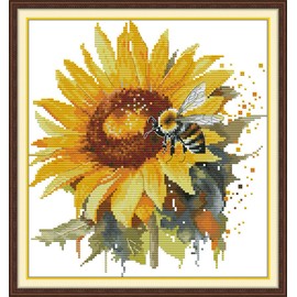 Meecaa Cross Stitch Kits 14 Count Stamped, Sunflower Flower Bee Embroidery Kit with Accessories Pre Printed (28×30cm)(Sunflower)