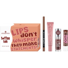 Essence Toffee Talk Brown Lip Set 01 Pout Au Chocolat, 4-Piece Set, Lip Liner, Lip Oil, Lip Balm & Treatment, Matte to Shiny Brown Tones