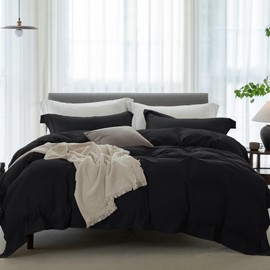 ELIMMO King Duvet Cover - 3 Piece 100% Washed Cotton Linen Feel Bedding Set, All Season Breathable Cozy, Double Stitched Hem, Hemmed Solid Black,104"x90"
