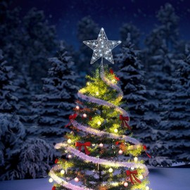 Uonlytech Nativity Ornaments Hollow Wovean Silver Star Led Glitter Shiny Christmas Tree Topper for Xmas Tree Topper Decoration Decor Nativity Decor