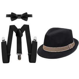 HIHCBF 1920s Kids Costume Accessories Set Boys Party Outfits Adjustable Suspenders Pre-Tied Bow Tie Short Brim Fedora Hat Black 7-15T