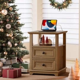 REDAYFUR End Table with Fast USB C Charging Station, 24” Tall Sofa Side Table with 2 Drawers, Large Storage Rustic Wood Square Storage Cabinet for Living Room,Bedroom,Office, Light Brown