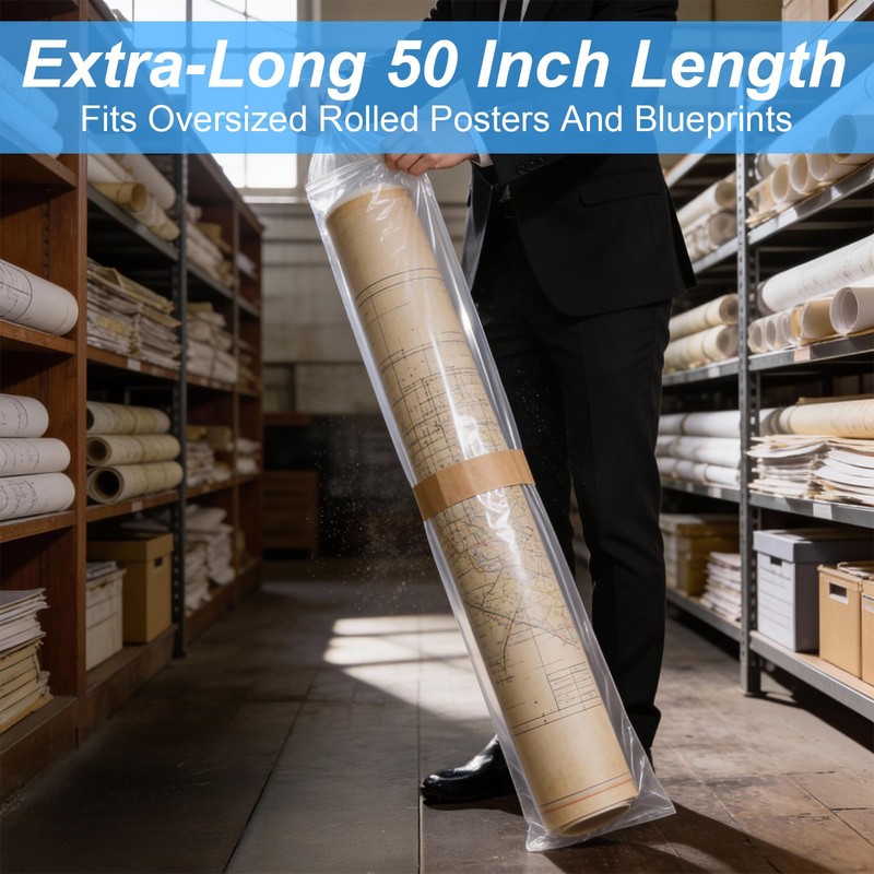 100-Pack Plastic Poster Sleeves, 6x50 Inch Long Plastic Bags &