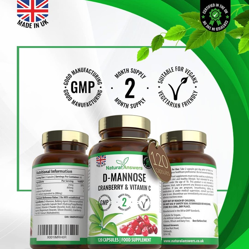 120 D-Mannose Capsules with Vitamin C and Cranberry Extract -