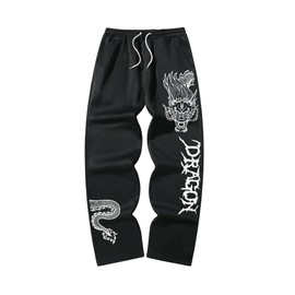 WDIRARA Men's Graphic Print Wide Leg Sweatpants Drawstring Front Casual Long Pants with Pockets Black XX-Large