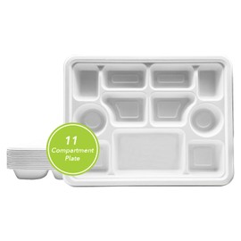 three leaf 11 Compartment Bagasse Rectangular Plate, 25 Ct. PFAS-Free, Heavy Duty, Sugarcane Fiber, Eco Friendly Disposable, 100% Biodegradable, Microwave and Freezer Safe, Ideal for Lunch, Buffet