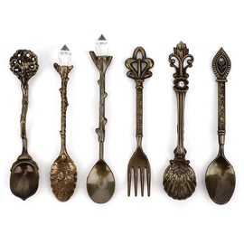 Juego de 6 uds de cucharaditas, innovador Vintage Retro, cucharas de aleación de zinc, juego de tenedor, pastel de azúcar, helado, cubiertos(Bronce verde (mango de tenedor de amor))