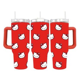 Insulated 40oz Tumbler with Handle and Straw Lid, Insulated Cup Reusable Stainless Steel Water Bottle Cup for Hot or Cold Beverages Pink Kitty (Red) (Red)