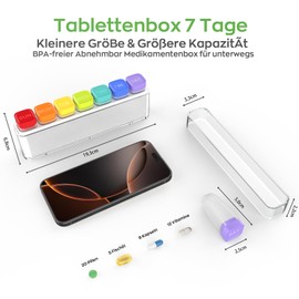 HIONXMGA Tablettenbox 7 Tage, Abnehmbare Reise Pillendose 7 Fächer, Medikamentenbox Deutsch, BPA-freier tragbarer Pillenbox für Vitamine, Fischöl, Medikamente, Nahrungsergänzungsmittel usw. – Weiß
