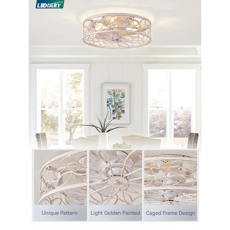LEDIARY Caged Ceiling Fans with Lights, White Flush Mount Ceiling