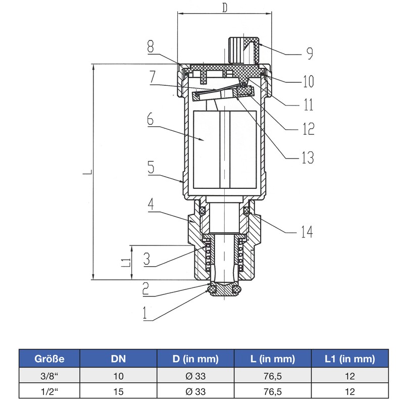 VARIOSAN Automatic quick bleeder 12111, 1/2 inch, bare brass, narrow
