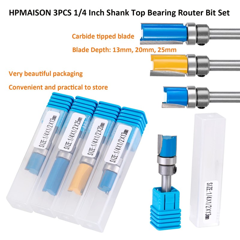 HPMAISON 4PCS 1/4 Inch Shank Flush Trim Pattern Template Router