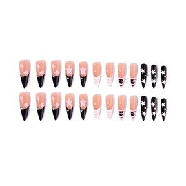 Huanxiangouyue Black Pink Press On Nails Almond 24pcs Long Nails Press Ons Summer False Nails Full Cover Fake Nails Design With Star Y2K for Girls Women