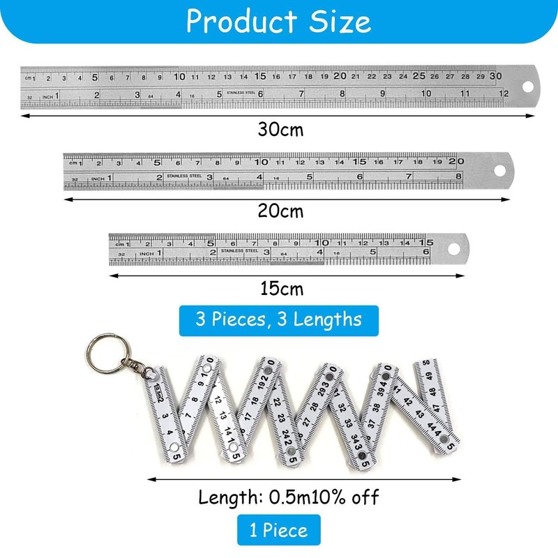 Set of 3 steel rulers and 1 plastic folding ruler,