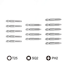 Protorq Assorted screwdrive bits, Phillips 2, Square 2, T25 Torx, 2inch, 15 pieces, with Storage Case
