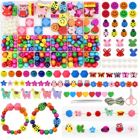 HavaCue Pack of 420 Colourful Wooden Beads for Threading, 11 Types of Beads for Threading Children, Craft Set Wooden Beads with Elastic Rope, Scissors, Pints for DIY Bracelets Jewellery Necklaces