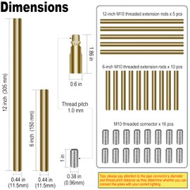 M10 Threaded Extension Poles, 5 PCS 12-inch & 10 PCS 6-inch Lighting Fixture Downrods Stems & 180 Degrees Sloped Ceiling Adapter Kits for Pendant Light, Island Lighting, Chandeliers (Brass)