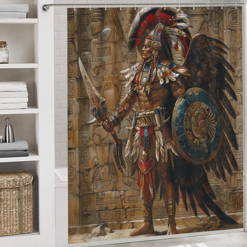 TOWINSFB 4Pcs Retro Aztec Warrior Shower Curtain Sets Bathroom Decor,