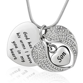 God has You in his arms with Angel Wing Diamond Cremation Jewelry Keepsake Memorial Urn Necklace(Son)