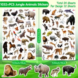 LINAYE 24 Sheets Jungle Stickers for Kids, 1032 PCS Safari Wild Zoo Animal Stickers for Scrapbooking,Water Bottles,Envelopes,Laptop Decal for Kids Boys Girls