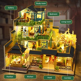 Yuzhen DIY Miniature Dollhouse with Furniture and LED Lights, Japanese Style Wooden Mini-House Includes Dustcover and Music Movement, Collectibles for Hobbies