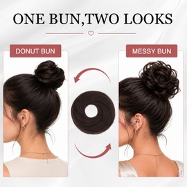 2PCS Messy Bun Hair Piece for Women, Small Donut Bun & Messy Bun Scrunchie for Thin Hair, Synthetic Hair Bun Extension, Natural-Looking Updo(Brown Black)