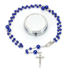 Rosary Beads Catholic for Woman, Wall Crosses Christian Gifts Catholic Gifts, White Artificial Pearls Rosary with Gift Box, First Communion Gifts(Blue)