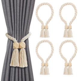 Fzyisw Pack of 4 Magnetic Curtain Tiebacks - Boho Style Curtain Holder with Fringes & Wooden Beads - Strong Magnetic Curtain Holder for Living Room, Bedroom, Balcony