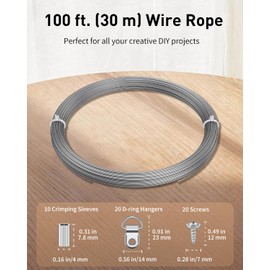 Pawfly Picture Hanging Wire, 100 Feet 1/32" Picture Wire Kit with D-Ring Hangers, Stainless Steel Wire Rope for up to 110 lbs, Trellis Wire Cable for Pictures Photo Frames and String Lights