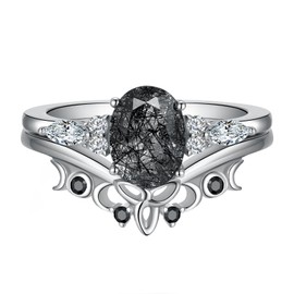 IRROYA 6x8mm Oval Natural Black Rutilated Quartz Wedding Sets,Trinity Celtic Knot V Shaped Wedding Ring,Genuine Moissanite Ring Set, Sterling Silver Platinum, rutilated quartz
